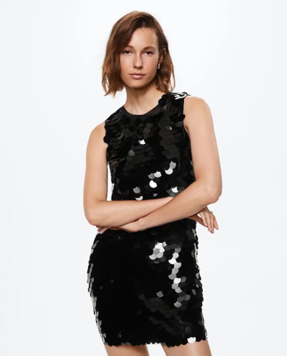 MANGO Sequin Mini Dress Paillete Sleeveless Round Neck Shift Dress, Black